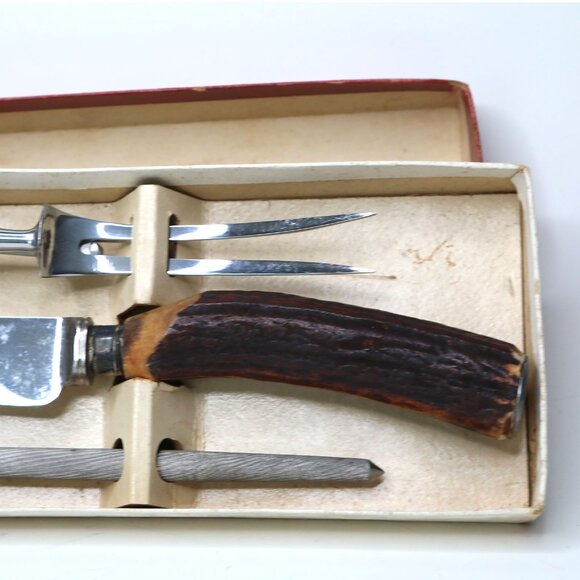 VINTAGE CARVERS SHEFFIELD Staghorn Carving Set  Knife Fork Sharpener Horn Handle - Picture 12 of 12